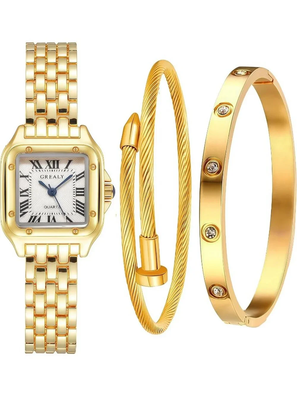 Women's Gold 2 Bracelets Set Roman Dial Bangle Stainless Steel Ladies Wristwatch